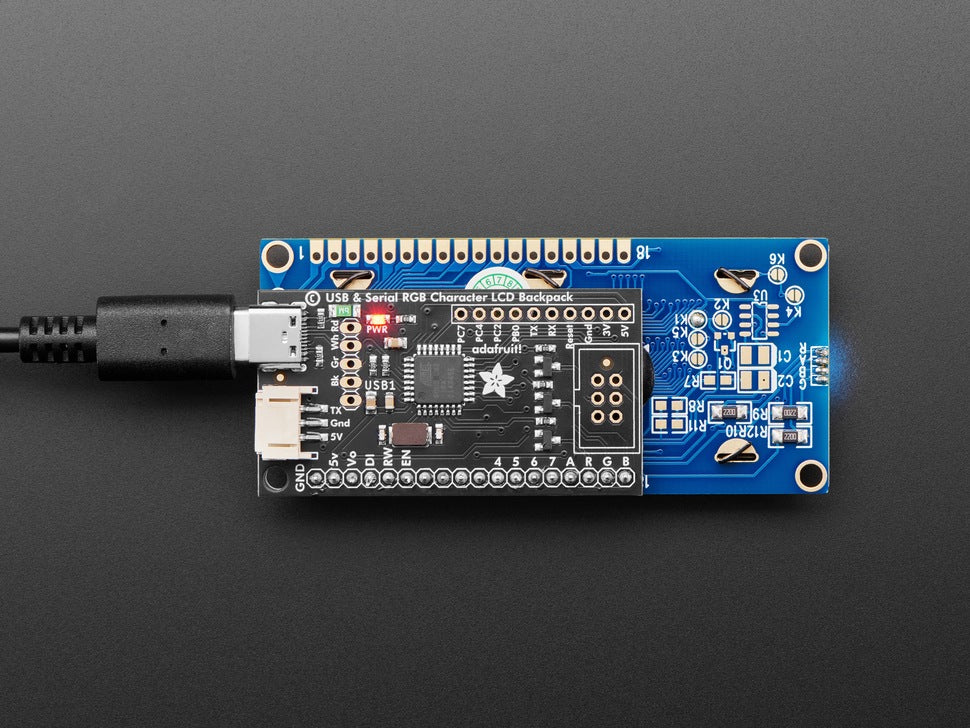 USB + Serial Backpack Kit with 16x2 RGB backlight negative LCD - RGB on Black